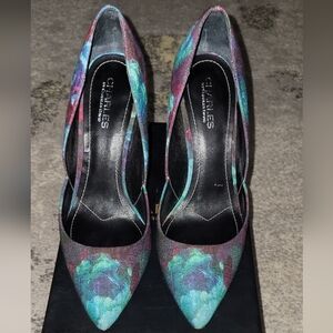 Turquoise Rose Floral Print Canvas Heel (Good Condition)